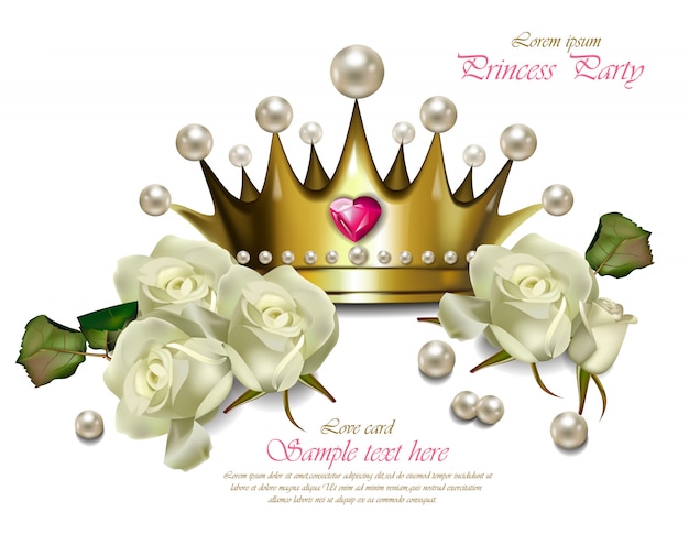 Вектор Красивая жемчужная корона и белые розы