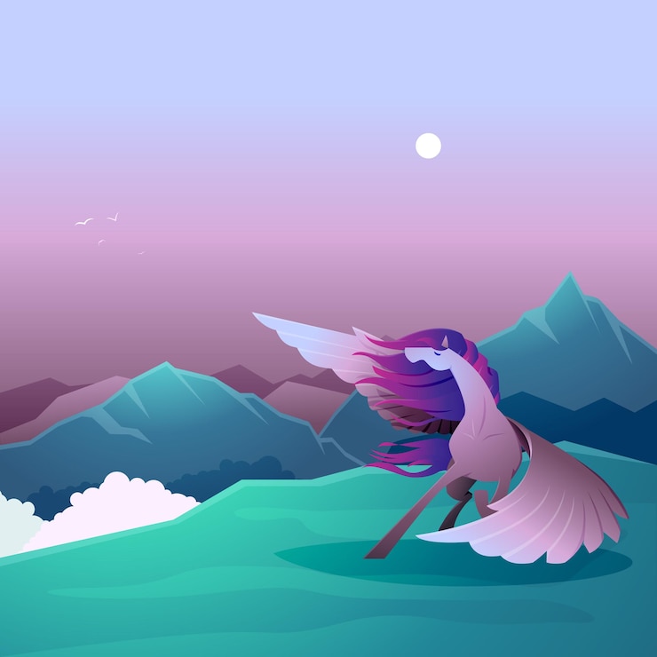 Vector beautiful pegasus winged horse dancing on windy mountain epic landscape illustration