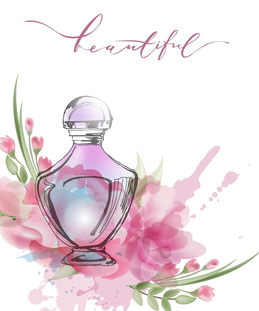 Beautiful perfume bottle with blooming beautiful pink flowers . Beautiful and fashion background. Template Vector.