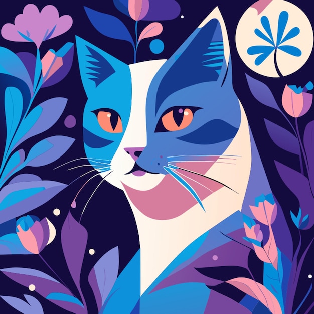 Vector beautiful periwinkle cat tshirt design style of charley harper style of jim shore style of mary