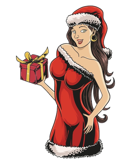 Vector beautiful pin up santa girl hold give box. vector vintage illustration