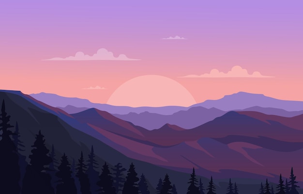 Beautiful pine forest mountain panorama landscape flat illustration