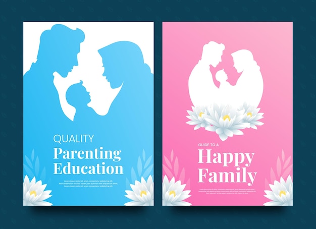 Bellissimo poster minimalista rosa e blu e copertina su genitorialità e famiglia felice in formato a4