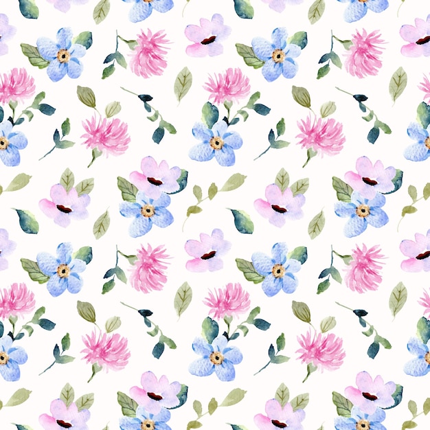 美しいピンクブルーの水彩花のシームレスなパターン
