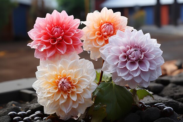 Vettore belle rose rosa che si arrampicano che fioriscono sulle rose sul cespuglio nel giardino delle rose con uno sfondo sfocato