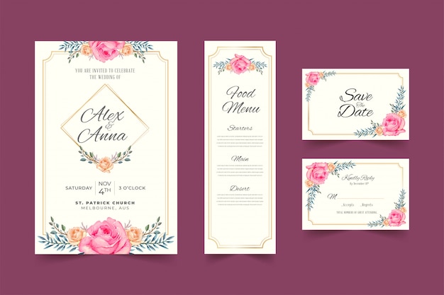 Beautiful pink floral frame wedding invitation card template