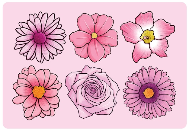Коллекция красивых розовых цветов в мультяшном стиле
