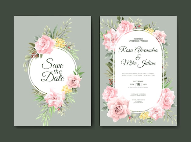 Beautiful pink flower watercolor wedding invitation template