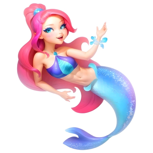 Vector beautiful pink haired mermaid beautiful little girl with brown hair and brown eyes illustration