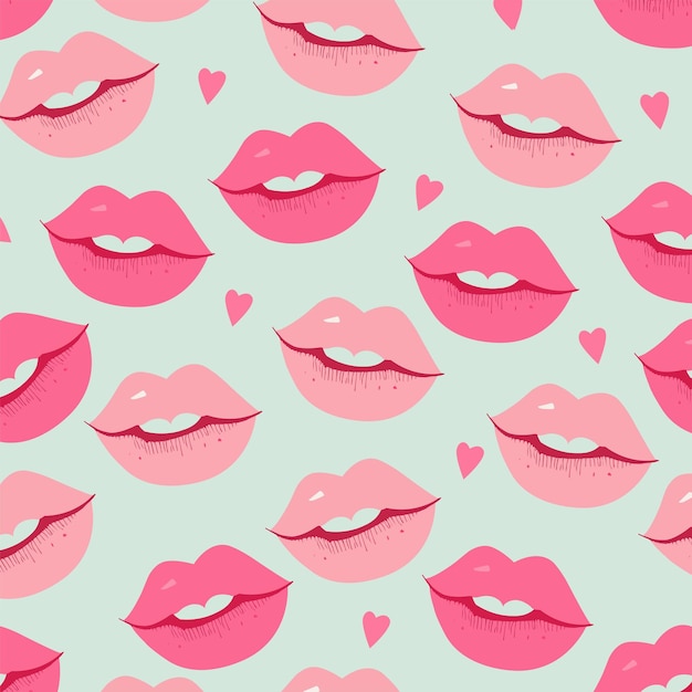 Beautiful Pink Lips Pattern Background With Hearts Love or Valentine's Day Concept