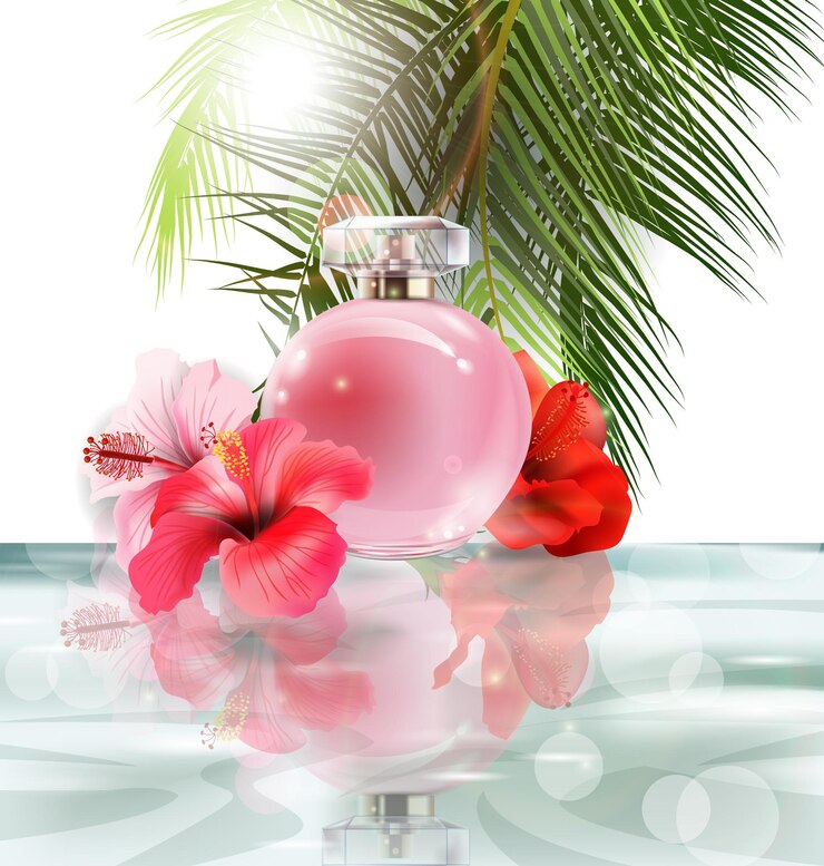 Vector beautiful pink perfume bottle on a background of water, hibiscus flowers and palm leafs. summer background.vector illustration