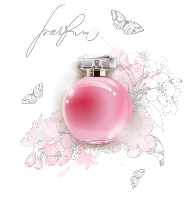 Bella bottiglia di profumo rosa con delicati fiori di mela e farfallemodello vettoriale