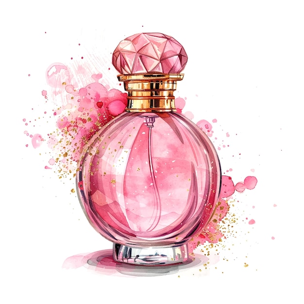 a beautiful pink perfume bottle with roses in the glamour style golden glitter watercolor illustration on white background