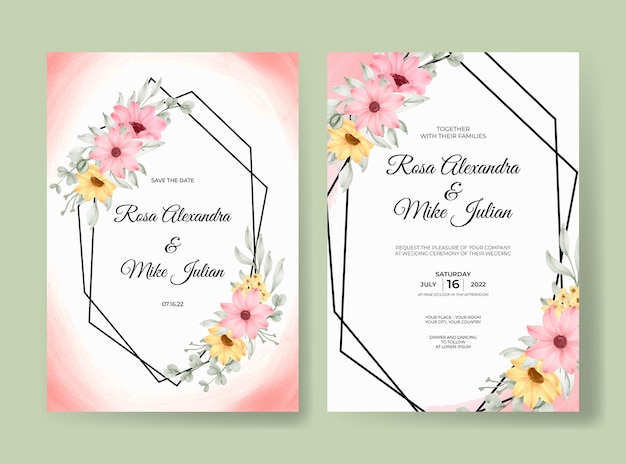 Красивая розовая роза цветочная акварель свадебное приглашение шаблон