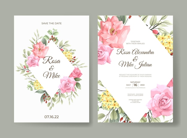 Modello di carta di invito matrimonio floreale bella rosa rosa