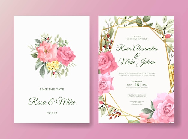 Beautiful pink rose floral wedding invitation card template