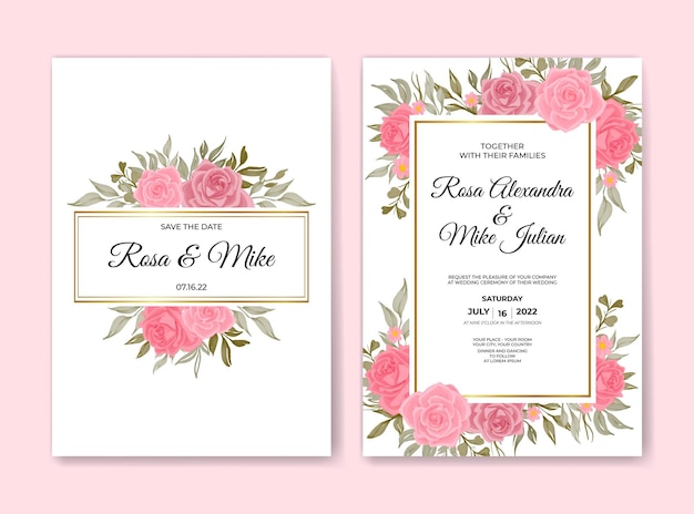 Beautiful pink rose flower warecolor wedding invitation template