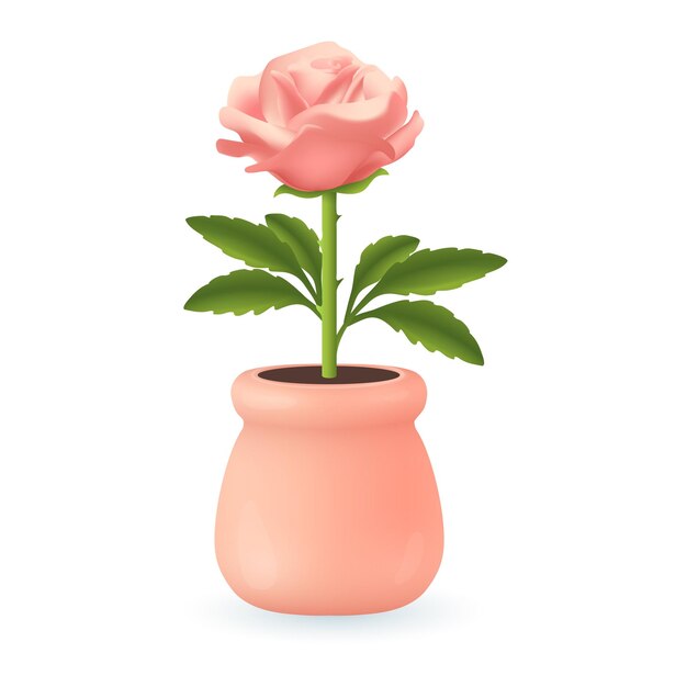 Beautiful pink rose in pink flowerpot 3D illustration