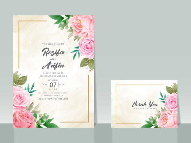 beautiful pink roses watercolor wedding invitation card