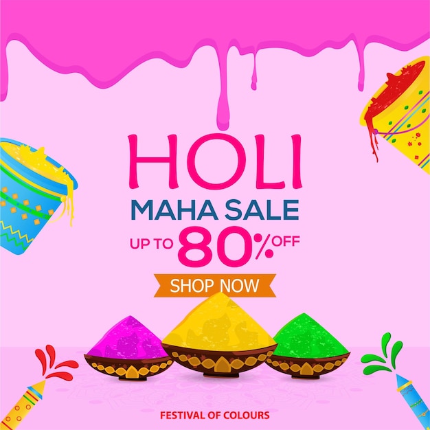 Beautiful pink splash abstract background with colorful bucket and colors Happy Holi