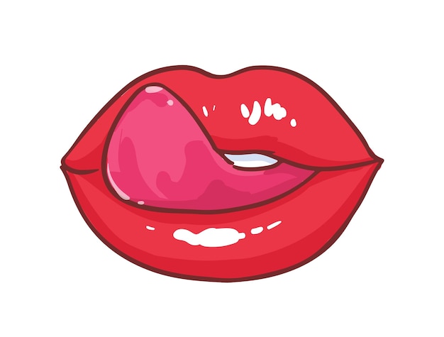 Beautiful plump glossy lips and tongue licking it isolated on white background. Sign or gesture demonstrating sexual desire and passion. Hot sexy design element. Comics cartoon vector illustration.