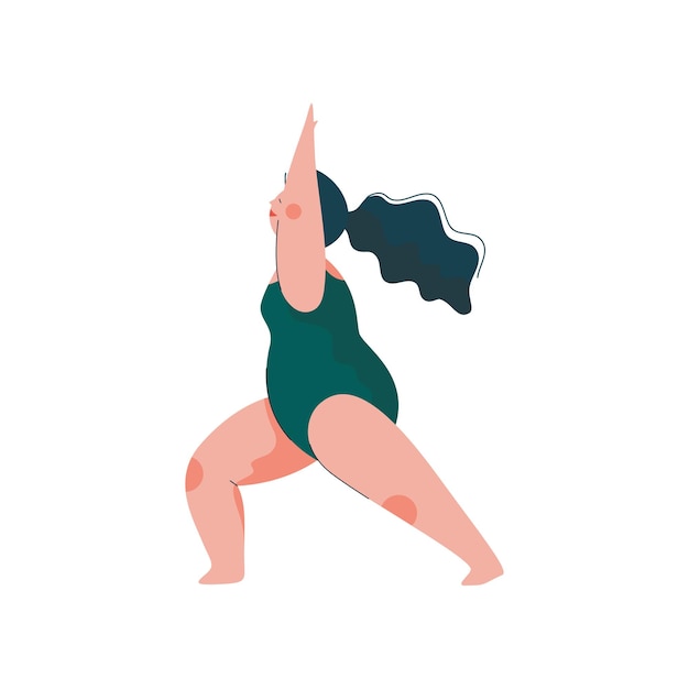 Beautiful plus size curvy woman in virabhadrasana position plump girl in swimsuit practicing yoga