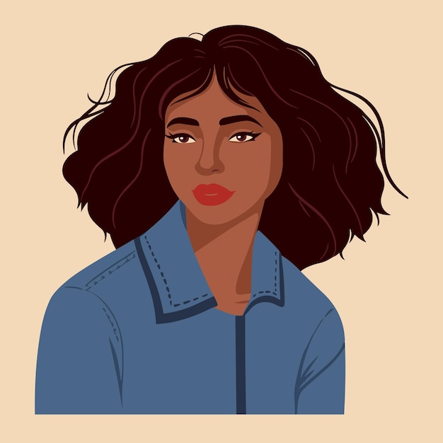 Beautiful portrait of cute black woman with wavy hair in denim shirt Modern flat illustration