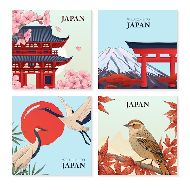 Beautiful postcard illustrations showcasing japan's famous landmarks and natural beauty.