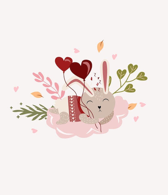 A beautiful postcard with a cute rabbit sleeping on a cloud and holding balloons. Vector