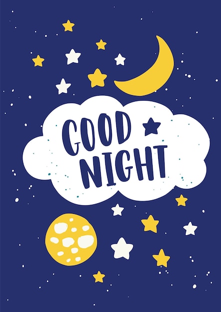 ベクトル 三日月、空の月、星、雲、エレガントな書道フォントで手書きのおやすみのレタリングと赤ちゃんの部屋の美しいポスターテンプレート。フラット漫画カラフルなベクトルイラスト。