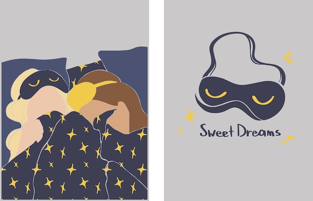 Vector beautiful poster with girls a friendly night at a friend's girls wearing sleep masks