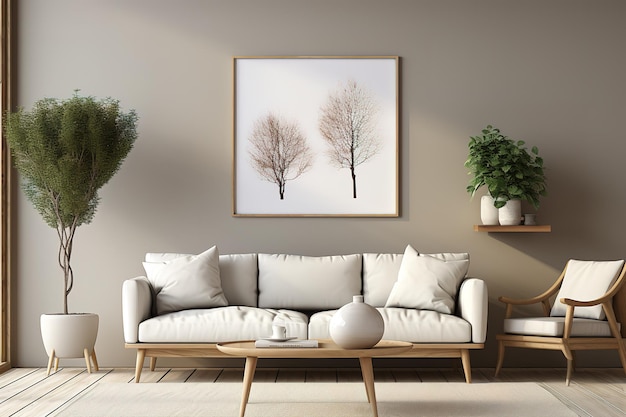 Вектор Красивые комнатные растения в горшках в стильной гостиной с диваном