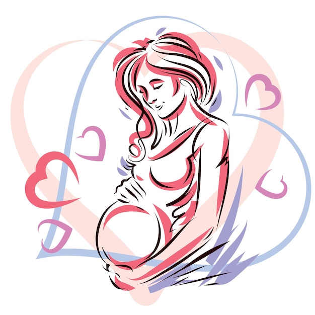 Beautiful pregnant female body silhouette surrounded by heart shape frame.  Mother-to-be drawn vector illustration. Happiness and caring theme.