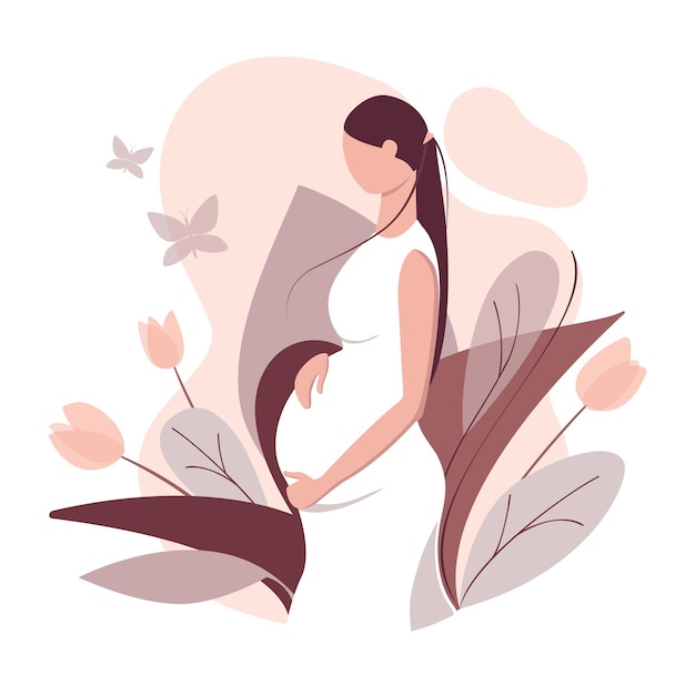 A beautiful pregnant woman hugs her belly against the background of leaves and flowers