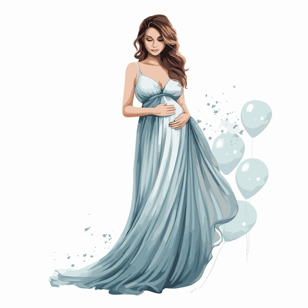 Vector beautiful pregnant woman wearing long sky blue dress holding her belly