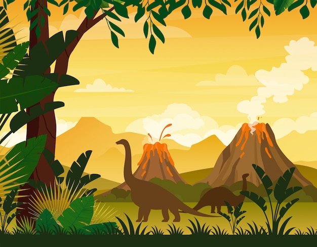 Vector beautiful prehistoric landscape and dinosaurs. tropical trees and plants, mountains with volcano in flat cartoon style.