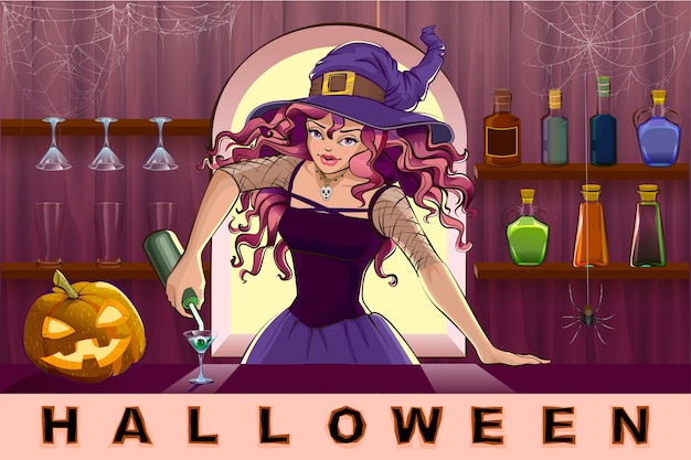 Beautiful pretty witch girl pours cocktails halloween party. cartoon illustration