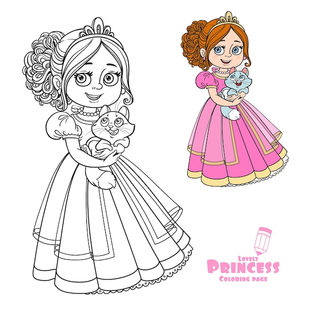 Beautiful princess holding kitten on hands color and outlined picture for coloring book on white background