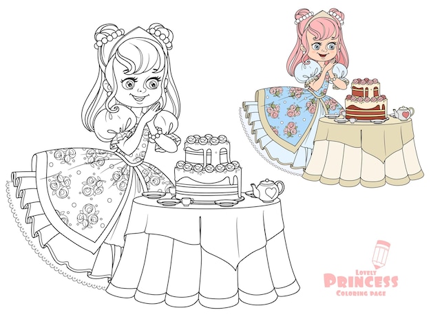 Прекрасная принцесса возле стола, накрытого для чаепития с большим вкусным тортом цвета и обрисованным в общих чертах для раскраски на белом фоне