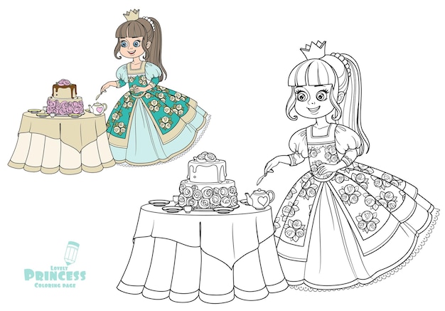 Beautiful princess near the table with a delicious cake color and outlined picture for coloring book on white background