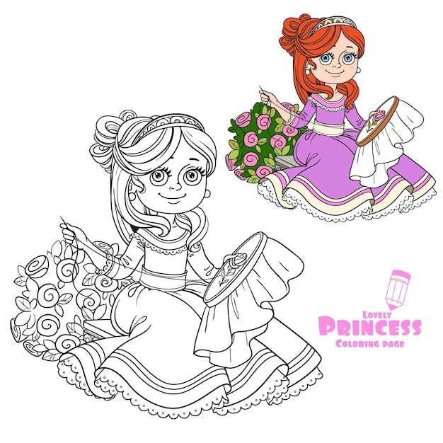 Beautiful princess sitting on a bench near a bush of roses and embroiders color and outlined picture for coloring book on white background
