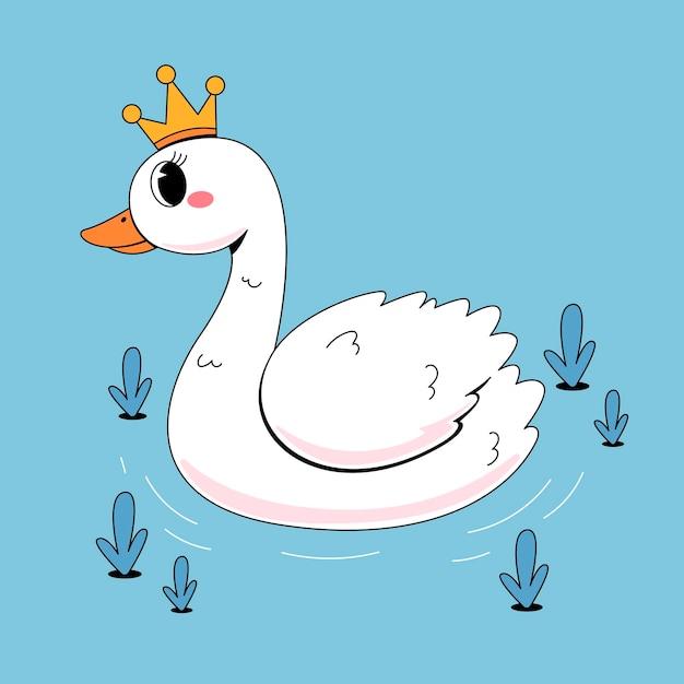 A beautiful princess swan with a golden crown floating in the water