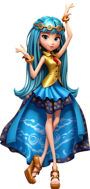 Прекрасная принцесса с голубыми волосами и золотисто-голубыми платьями.