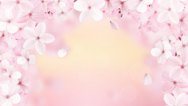 Beautiful print with blossoming light pink sakura flowers