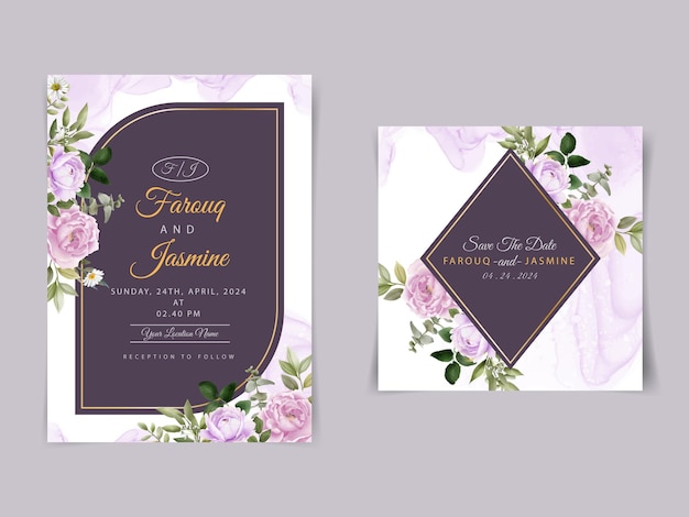 Свадебные приглашения с красивыми фиолетовыми и розовыми цветами