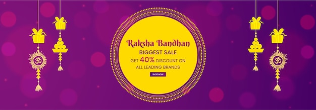 Beautiful purple background and hanging lots of rakhi sale banner design