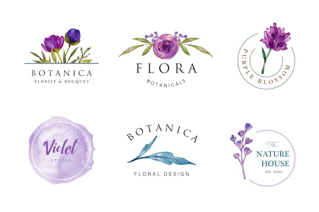 Bellissimo disegno floreale del logo floreale dell'acquerello femminile viola