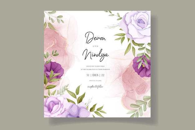 Vettore modello di carta di invito bella composizione floreale viola