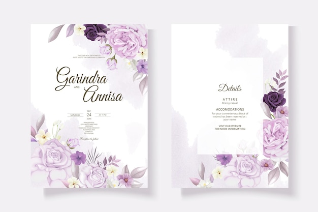 Modello di carta di invito a nozze con bella cornice floreale viola vettore premium