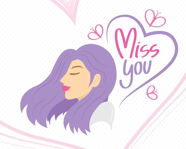 手書きのフレーズで美しい紫髪の女性のイラストは、ハートの形のフレームであなたがいなくて寂しいです